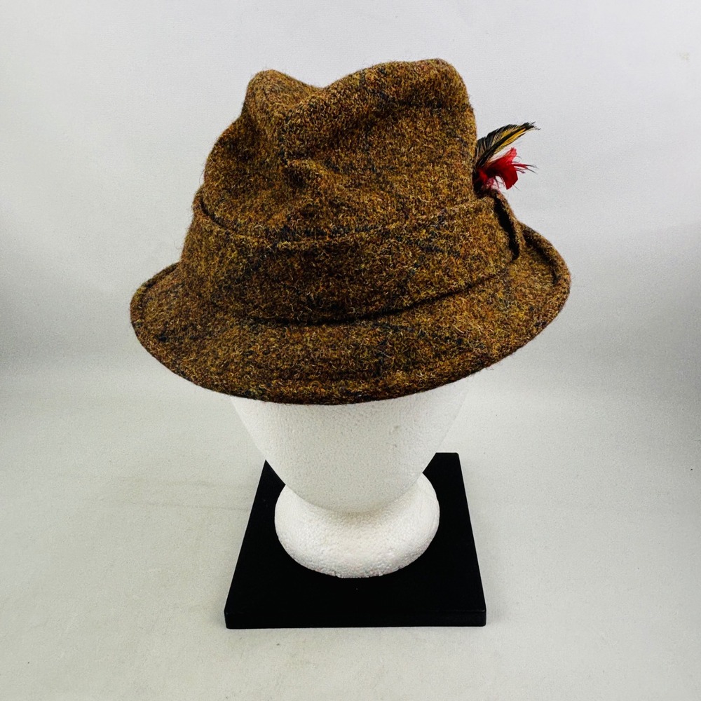 Vintage Dobbs Tweed Trilby Hatโ Mens 7 1/4 Brown Wool Feather Woollens Britain